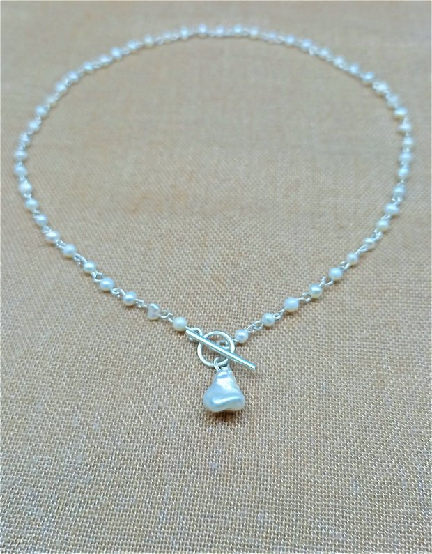 Colier argint perle de cultura minimalist baroc toggle lant alb - Transport gratuit