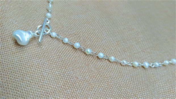 Colier argint perle de cultura minimalist baroc toggle lant alb - Transport gratuit