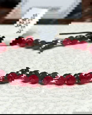 Bratara cu snur, reglabila, cu pietre semipretioase fațetate de Jad roșu cherry si argint 925, brățară damă /unisex, brățară fină, delicată, elegantă.