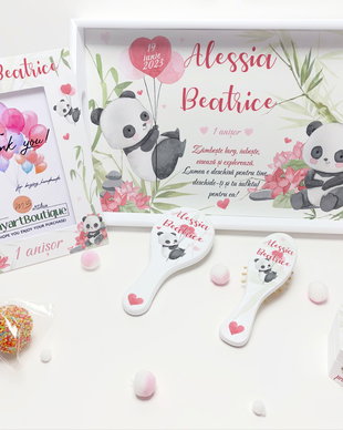 Set aniversar personalizat 1 anisor - Panda - Tavita turta si accesorii