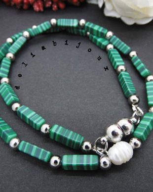 Colier handmade unicat - malachit - perla naturala de cultura (cod819)