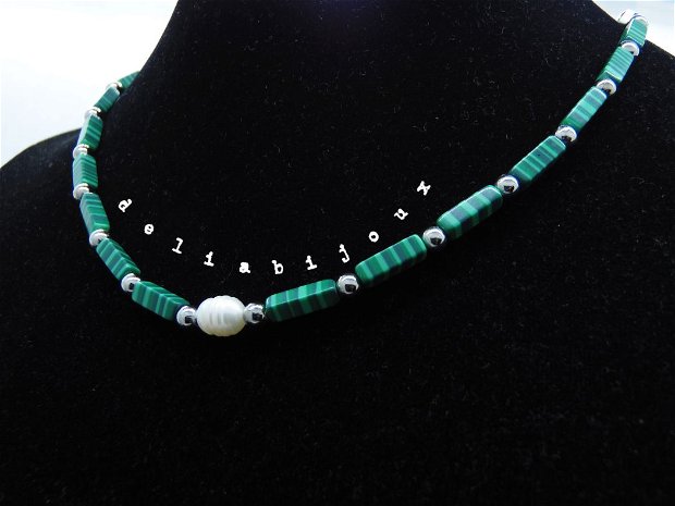 Colier handmade unicat - malachit - perla naturala de cultura (cod819)