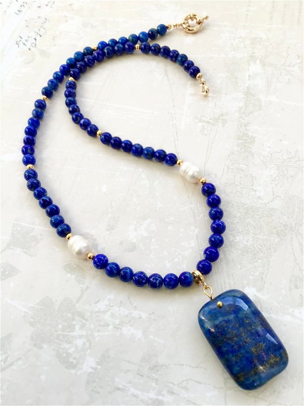 Colier vintage lapis lazuli & perle albe cultura