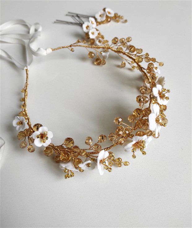 Coronita "Gold rush" - accesoriu flexibil pentru nunta, botez, cununie | Ghirlanda mireasa