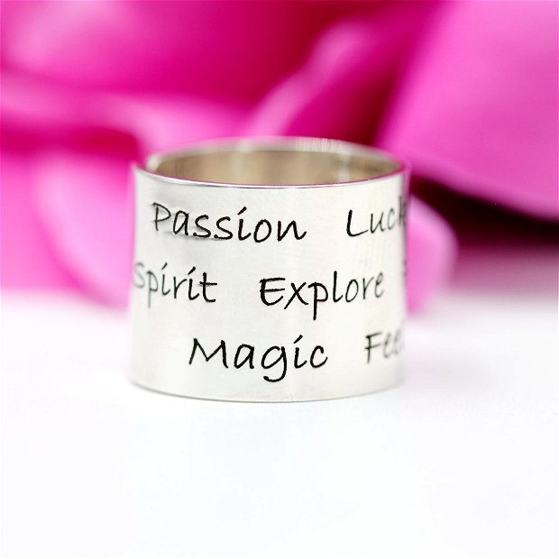 Inel lat reglabil / personalizat Passion Lucky Love Share Spirit Explore Faith Respect Magic Feel Create True  Argint 925