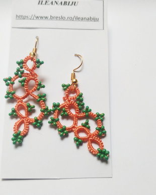 Cercei portocaliu cu verde din dantela frivolite, cercei lucrati cu suveicuta, bijuterii dantela tatting