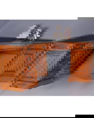 Birou mare de colt din lemn masiv mahon cu tapiterie neagra