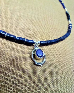 Colier argint sillimanit lapis lazuli safir heishi minimalist boho chic - Transport gratuit