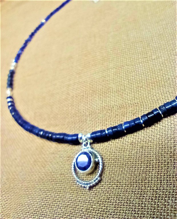 Colier argint sillimanit lapis lazuli safir heishi minimalist boho chic - Transport gratuit
