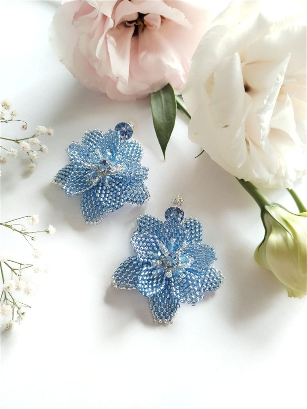 Cercei floare dubla albastru safir stralucitor