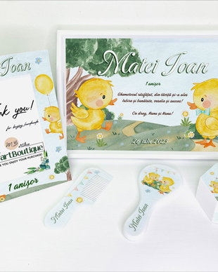 Set aniversar personalizat 1 anisor - Rățuște - Tavita mot si accesorii