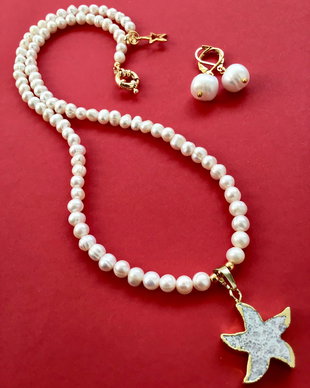 Colier perle de cultura & stea coral fosil