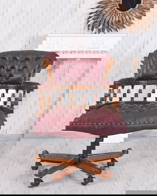 Fotoliu Chesterfield din lemn mahon cu piele ecologica burgund