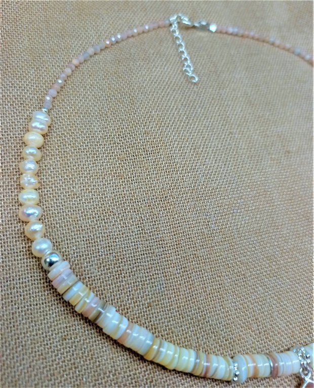 Colier argint piatra lunii naturla piersica sidef heishi perle de cultura/naturale minimalist boho chic  -Transport gratuit