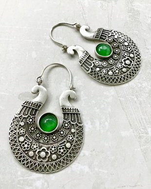Cercei Boho Zamac argintat & Jad verde