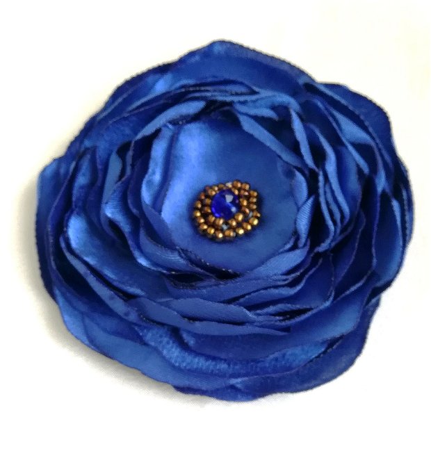 brosa floare  albastru regal satinat cu cristal , 11 cm