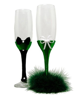 Set 2 pahare miri decorate cu pene verde smarald