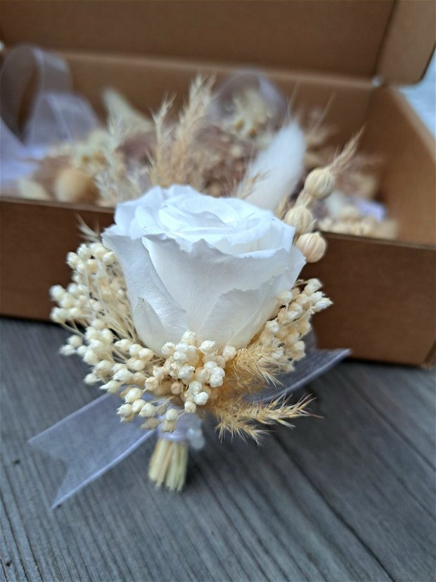 Cocarde nuntă/ Brățări domnișoare onoare-flori naturale uscate și criogenate Alb Bej/ Accesorii nuntă boho