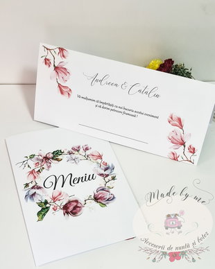 Meniu nunta magnolii roz pastel