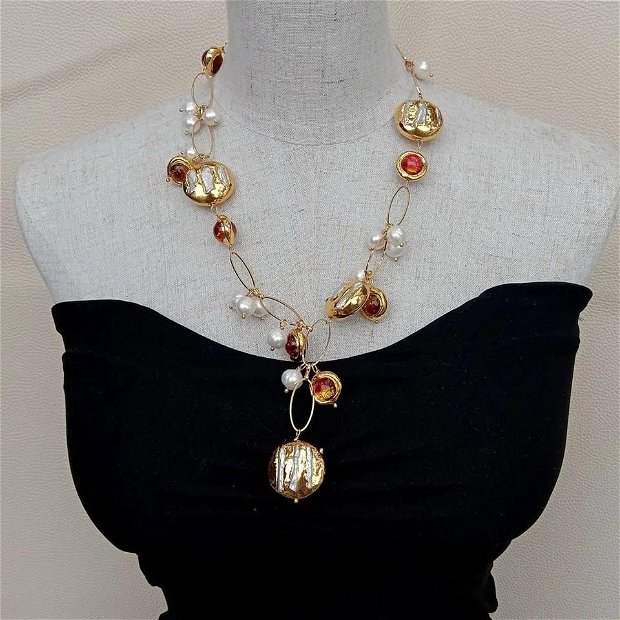 Colier perle naturale placate cu aur si sticla Murano electroplacata