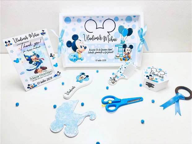 Set aniversar personalizat 1 anisor - Baby Mickey Mouse - Tavita mot si accesorii