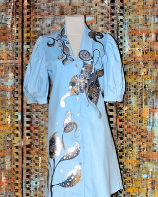 Rochie denim, pictata manual, unicat, Joy Collection