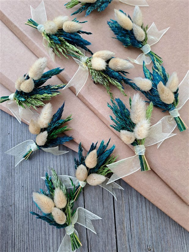 Cocarde nuntă-flori naturale uscate, Turquoise Bej