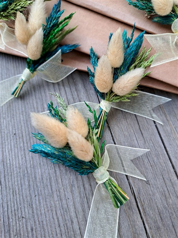 Cocarde nuntă-flori naturale uscate, Turquoise Bej