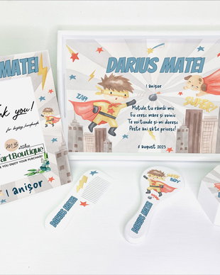 Set aniversar personalizat 1 anisor - Super Boy - Tavita mot si accesorii