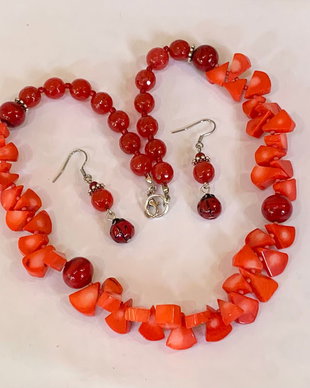 SET~LITTLE RED WINGS~coral,murano,lampwork,jad,toho,accesorii argintii si inox