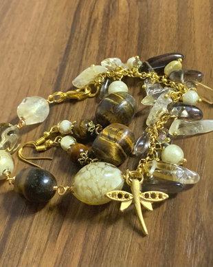 BRATARA ȘI CERCEI~SUMMER VIBES~ochi de tigru,citrin,cuarț fumuriu,murano,accesorii aurii,zamac aurit