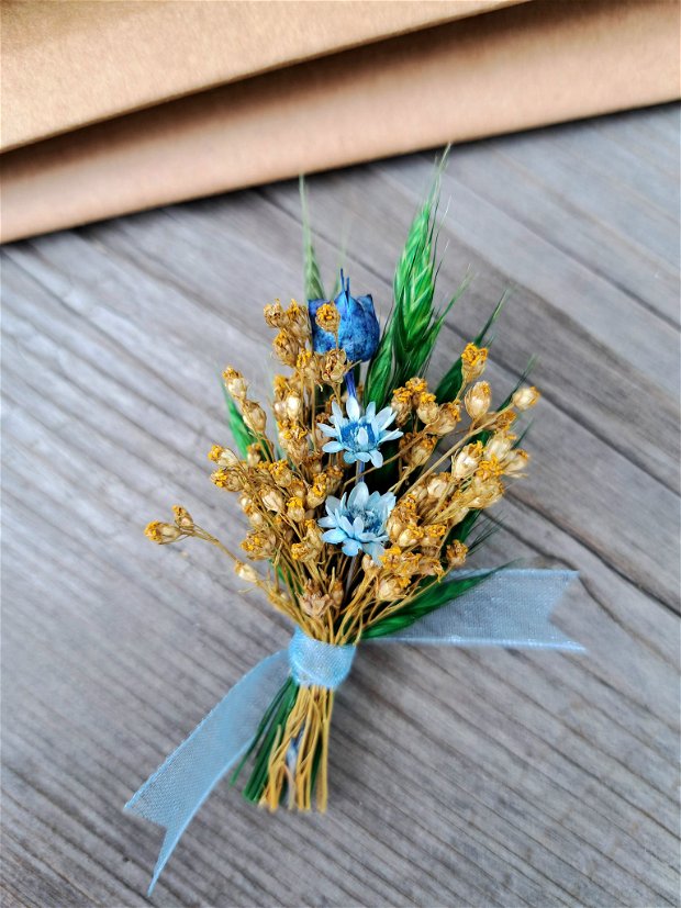 Cocarde nuntă-flori naturale uscate și stabilizate,  Albastru deschis