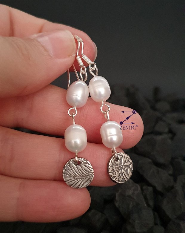 Cercei perle si argint, cercei perle si elemente argint, cercei perle cultura, cercei argint, cercei model botanic, cercei eleganti
