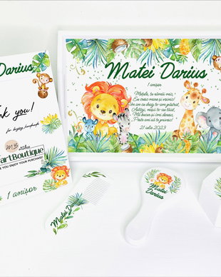 Set aniversar personalizat 1 anisor - Safari Friends - Tavita mot si accesorii