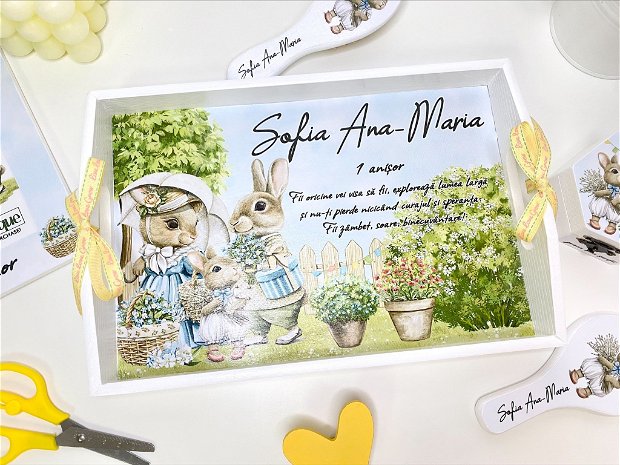 Set aniversar personalizat 1 anisor - Charming Bunny - Tavita turta si accesorii