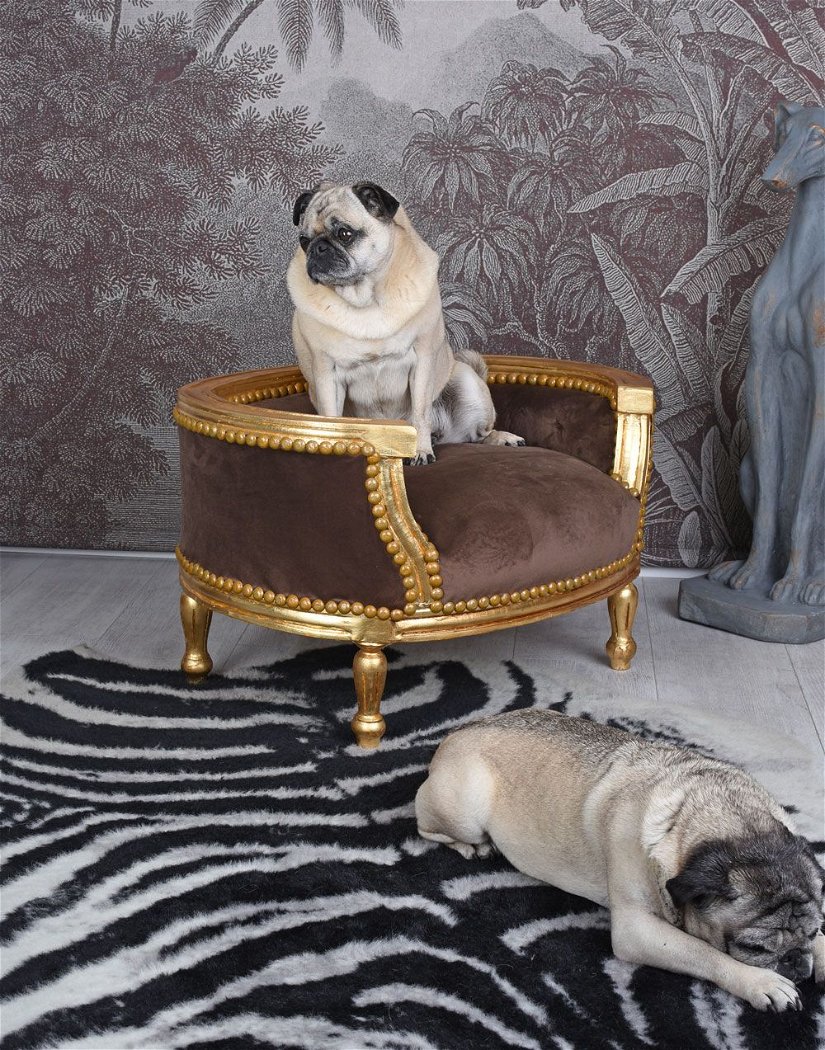 Canapea pentru caine din lemn auriu cu tapiterie maro