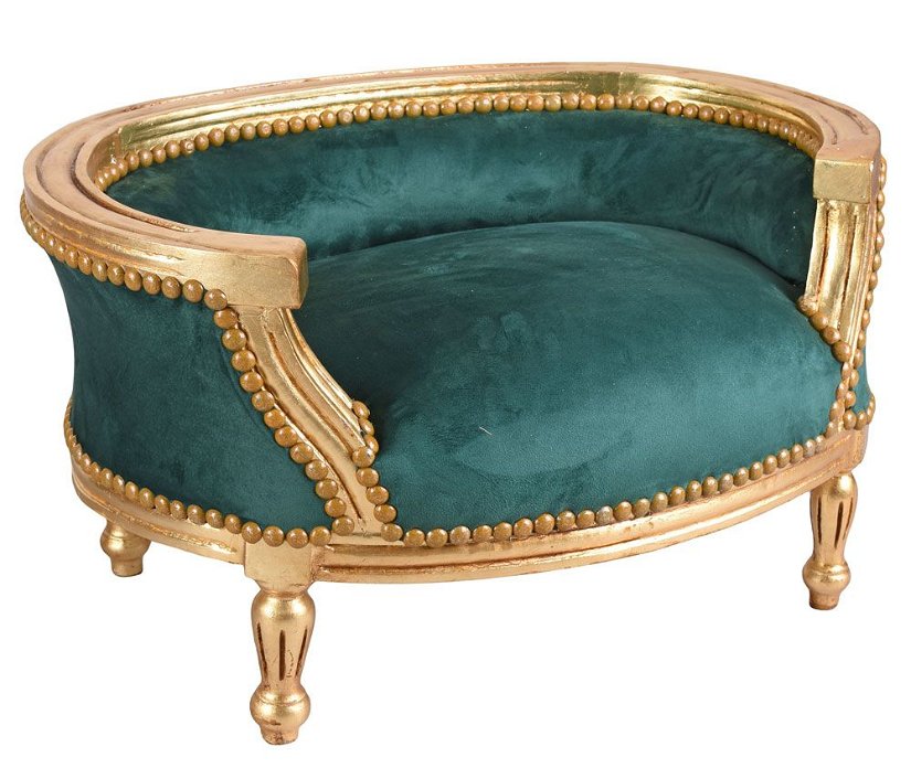 Canapea pentru caine din lemn auriu cu tapiterie verde