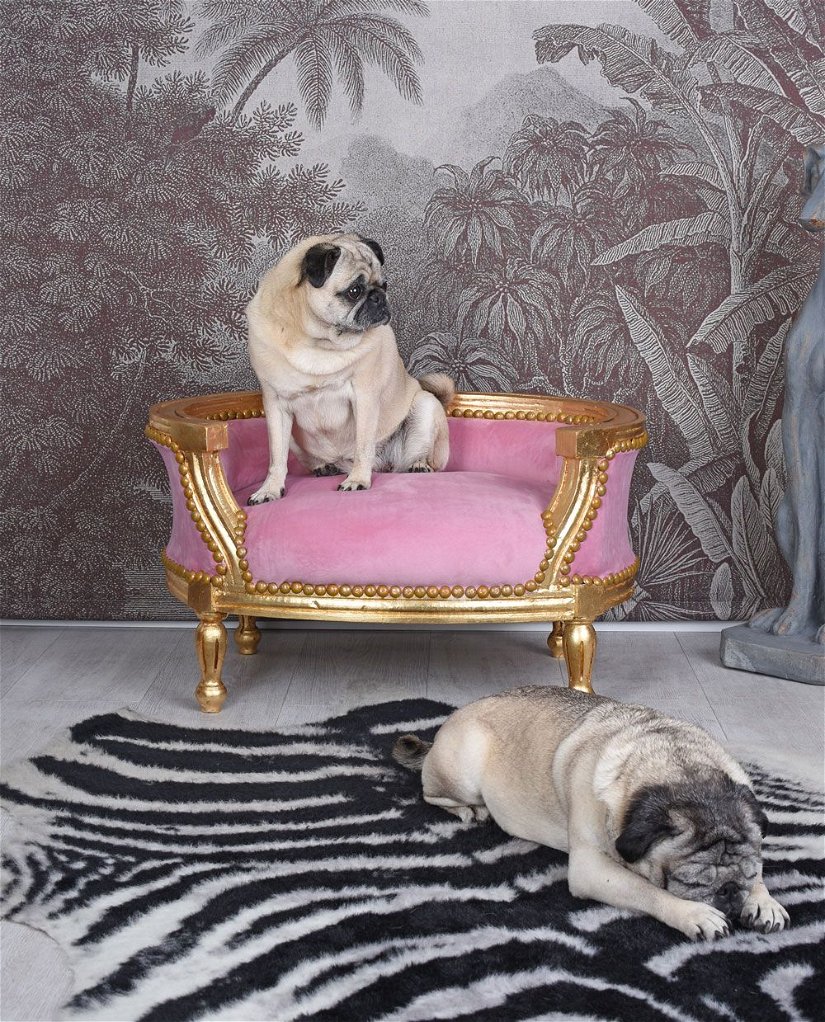 Canapea pentru caine din lemn auriu cu tapiterie roz
