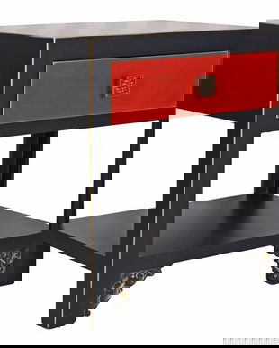 Noptiera exotica din lemn masiv negru cu sertar rosu