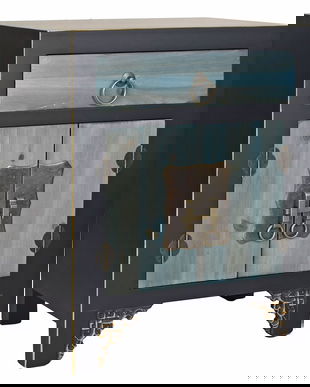 Noptiera exotica din lemn masiv negru cu dulap albastru