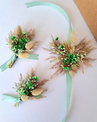 Cocarde/ Brățări domnișoare onoare-flori naturale uscate și stabilizate, Bej-Verde Mentă / Verde deschis / Verde pastel