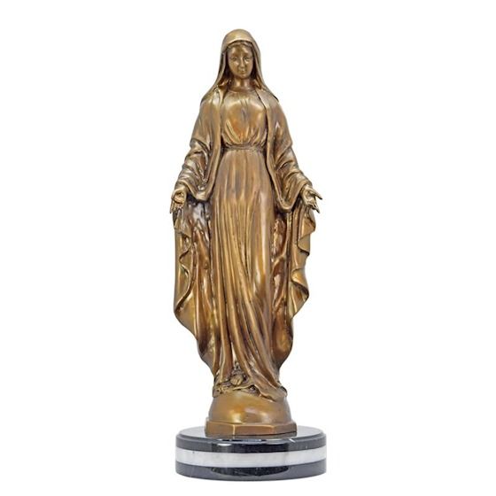 Fecioara Maria-statueta din bronz pe un soclu din marmura