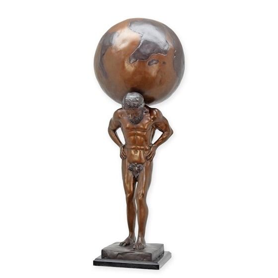 Atlas-statueta din bronz pe un soclu din marmura