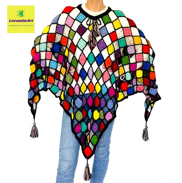 Mozaic- Poncho dama multicolor handmade. Poncho femei cu ciucuri