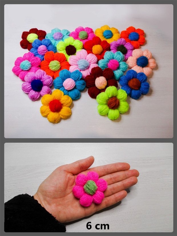 Flori 3D 6 cm, pufoase, diferite culori, crosetate manual. Aplicatii handmade pentru haine. Aplicatie de cusut sau lipit. LA COMANDA