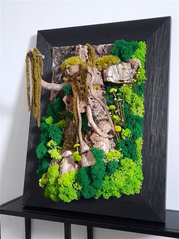 Tablou cu licheni/Peisaj alpin/ Tablou vegetal natural, cu suport pentru birou