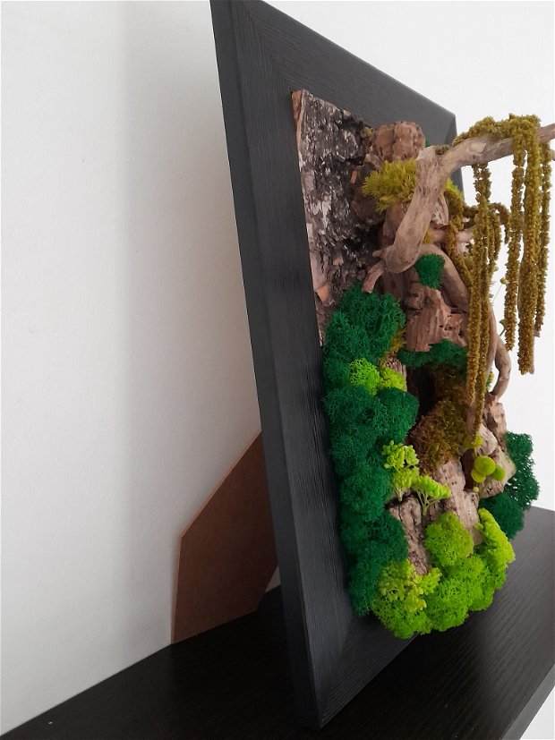 Tablou cu licheni/Peisaj alpin/ Tablou vegetal natural, cu suport pentru birou