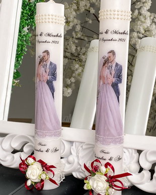 Lumanari de nunta personalizate cu flori artificiale grena