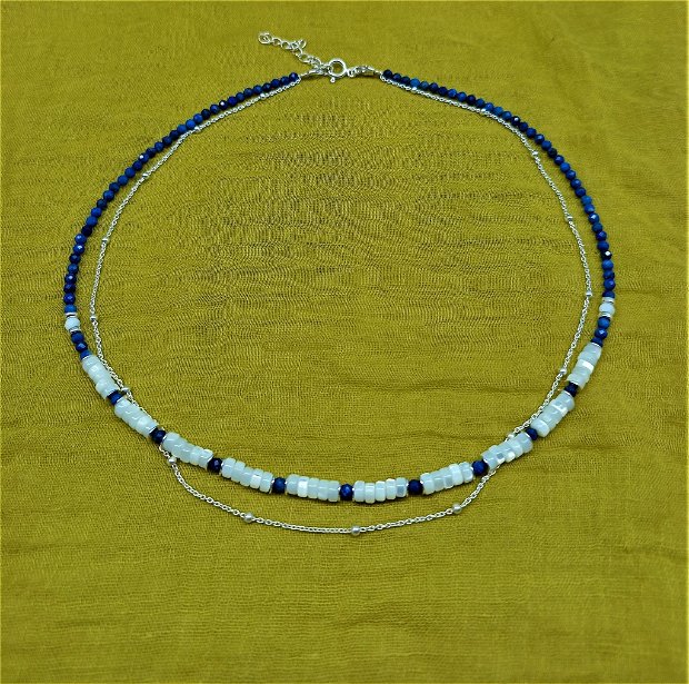 Colier argint X2 lapis lazuli sidef heishi lant argint minimalist navy Transport gratuit