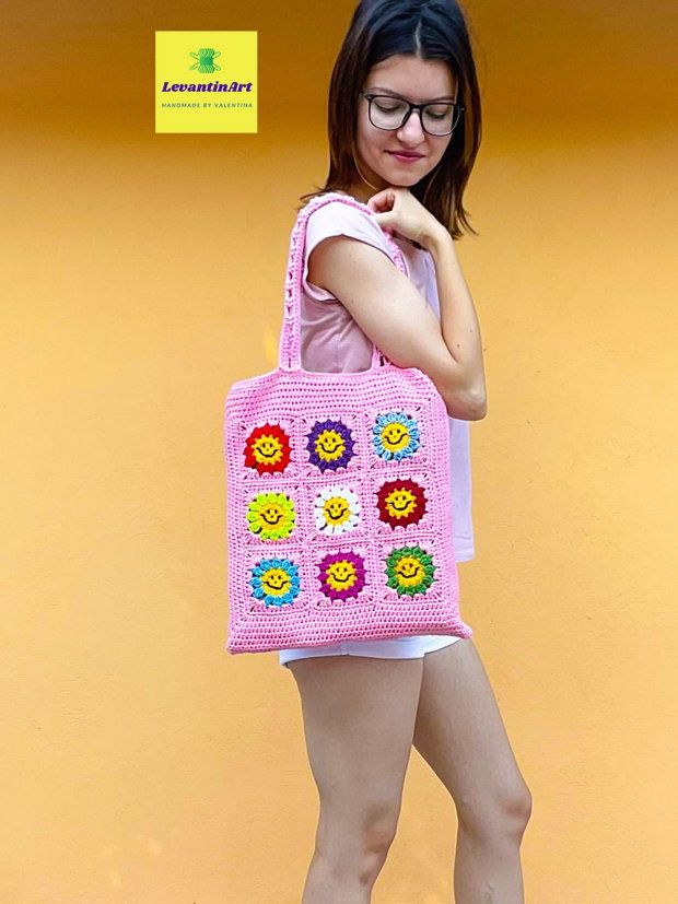 Happy Flowers - Geanta roz. Culoare la alegere. Geanta handmade din bumbac. Geanta XL. LA COMANDA